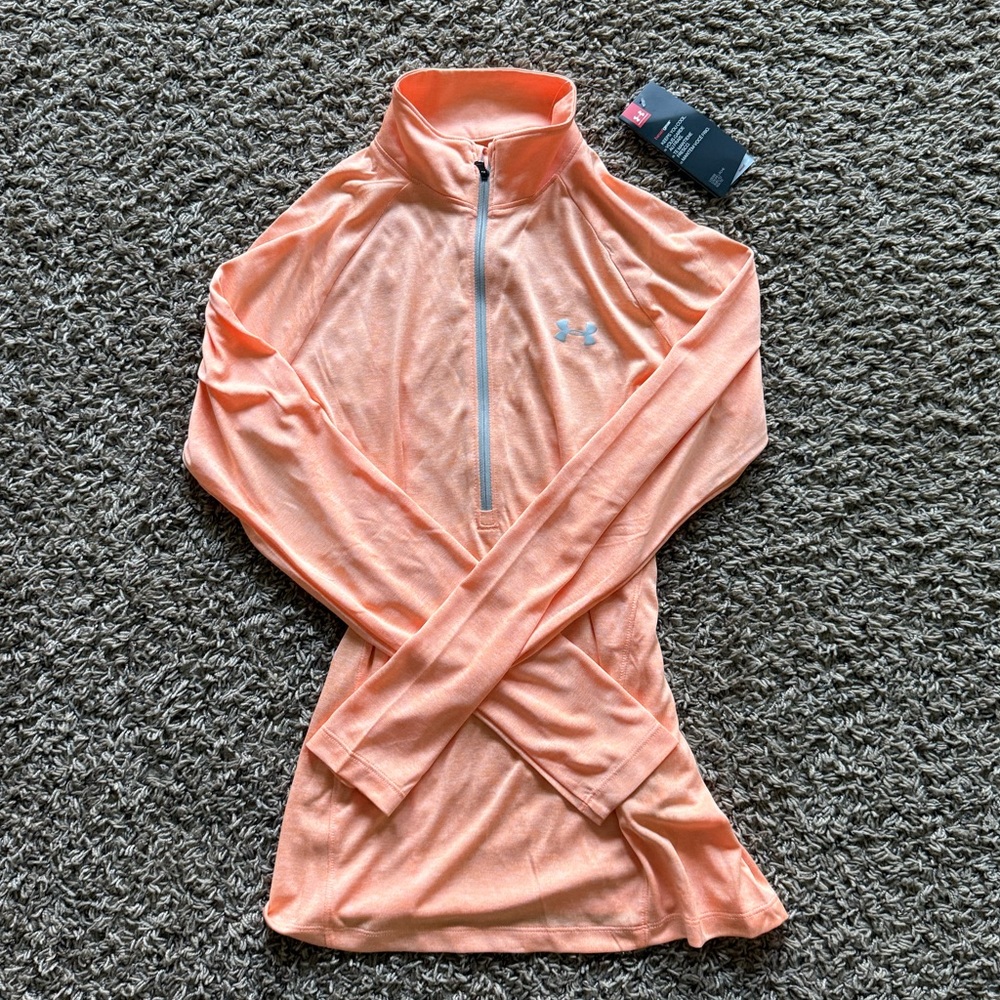 NWT Under Armour Women’s Orange Long Sleeve Zip Pullover Shirt Size Medium